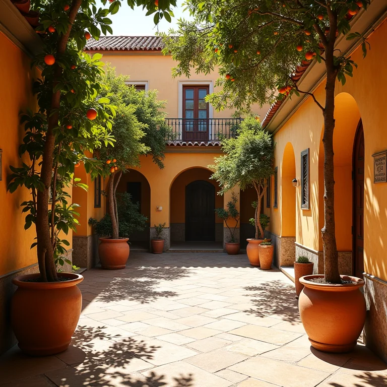Pátio Andaluz com laranjeiras e arquitetura tradicional.