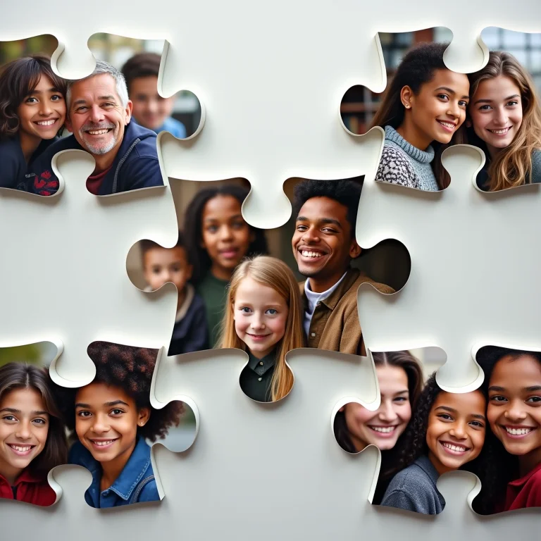 Peças de quebra-cabeça representando família, escola e sociedade se encaixando, simbolizando a proteção das crianças