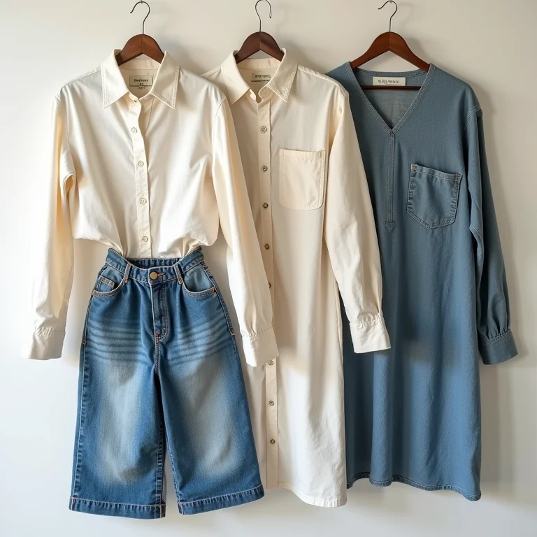 Peças de roupa sustentáveis dispostas em um flat lay