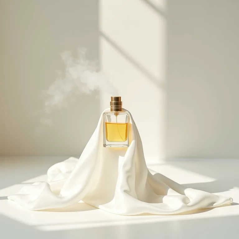Perfume floral sendo borrifado em um lenço de seda branco.