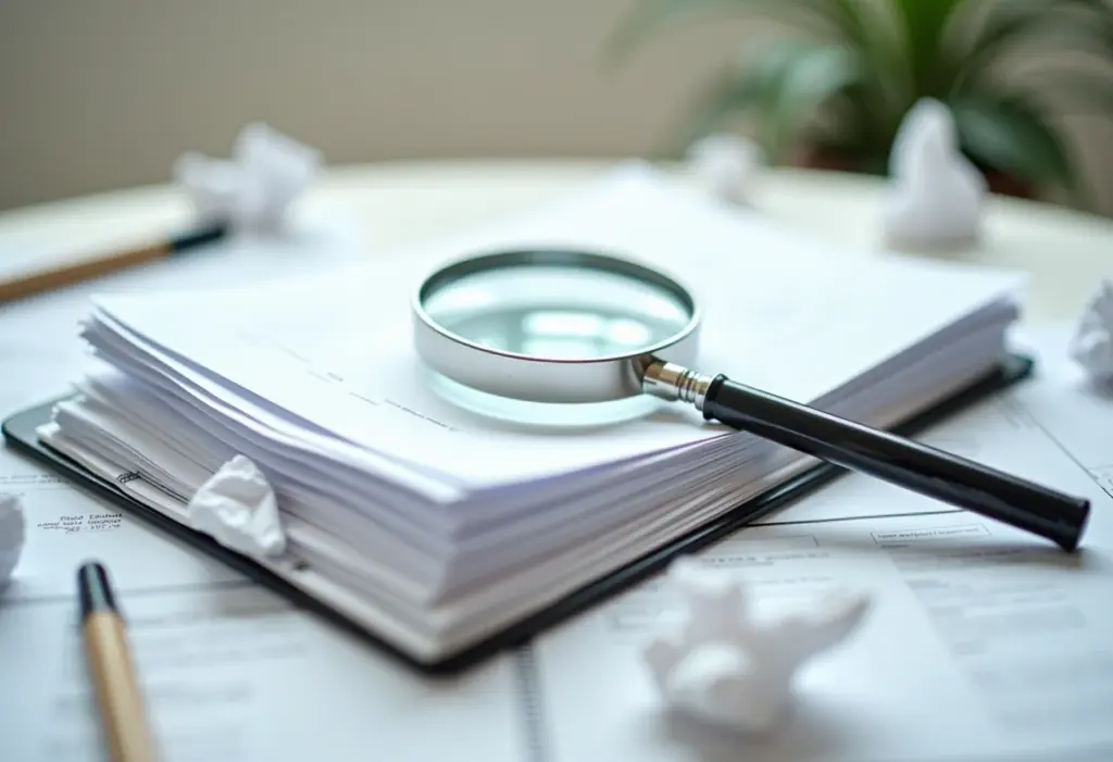 Leitura de Termos de Serviço: O que você ignora e pode se arrepender Pilha de documentos legais com lupa e papéis amassados ao redor.