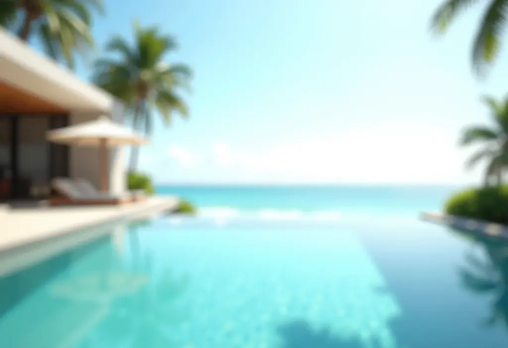 Piscina de resort luxuoso com vista para praia paradisíaca no Brasil