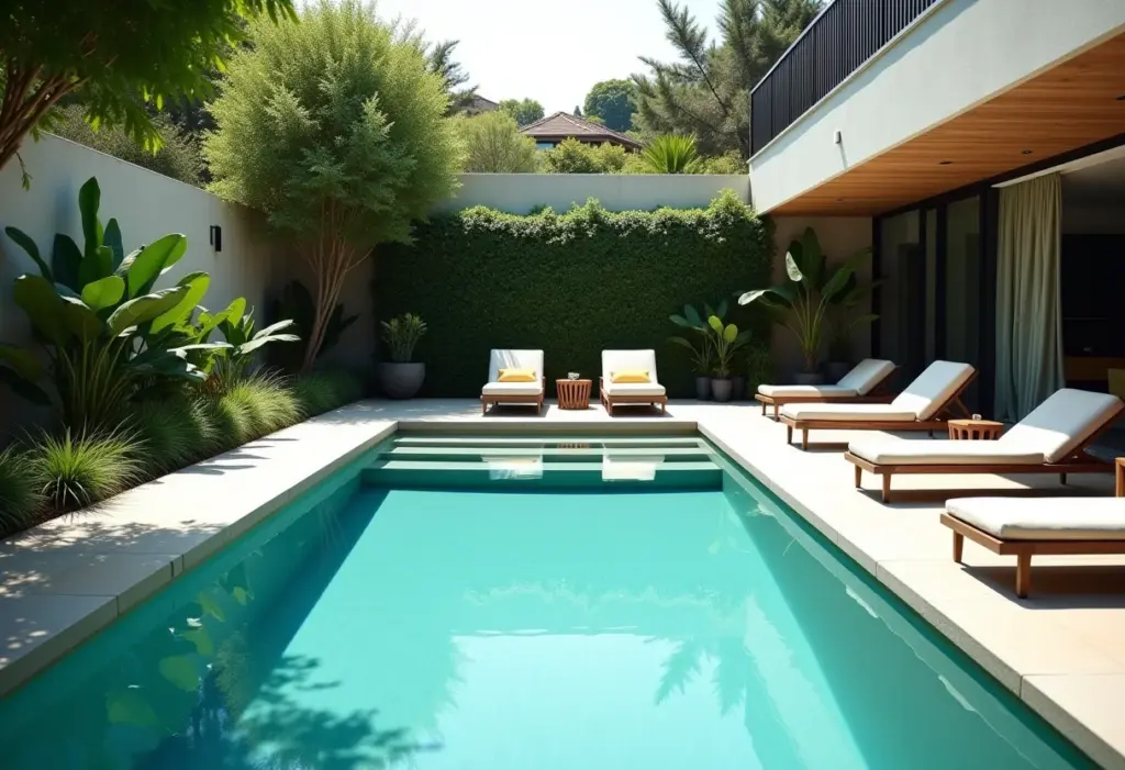 Piscina pequena em casa: o guia definitivo para ter a sua! Piscina pequena e moderna em casa com paisagismo exuberante