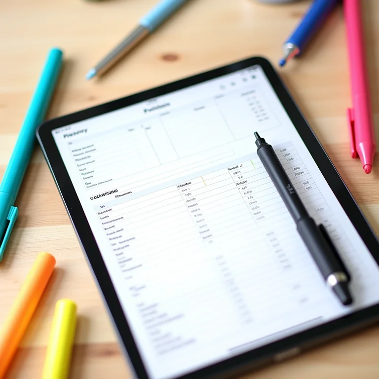 Planilha de alocação em um tablet com canetas coloridas.