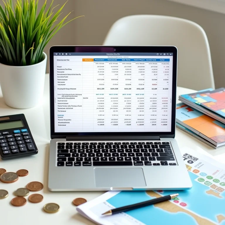 Planilha de orçamento em um laptop cercada por moedas e calculadora