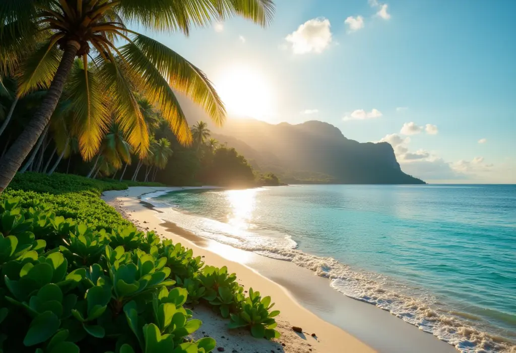 Praia paradisíaca com vegetação exuberante e água azul turquesa ao pôr do sol