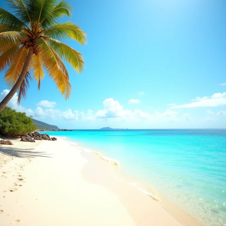 Praia tropical com palmeiras e água cristalina nas Ilhas Canárias.