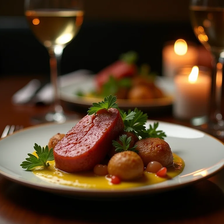 Prato de comida gourmet em um jantar romântico.