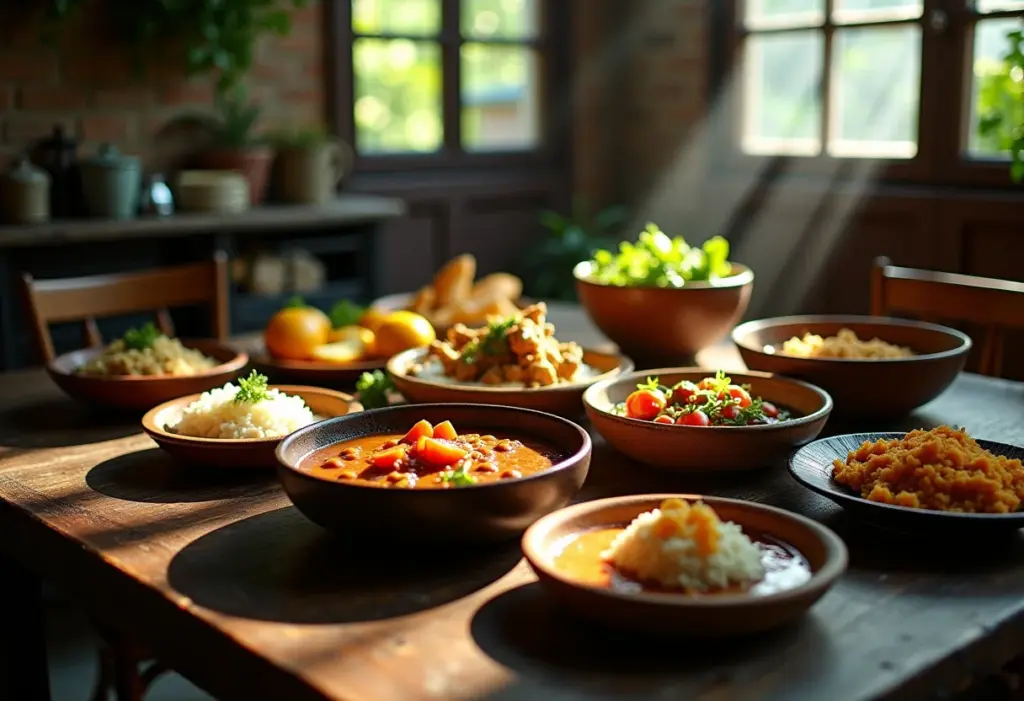Pratos Tradicionais Brasileiros: Os segredos que sua avó não te contou Pratos tradicionais brasileiros dispostos em mesa de madeira rústica.