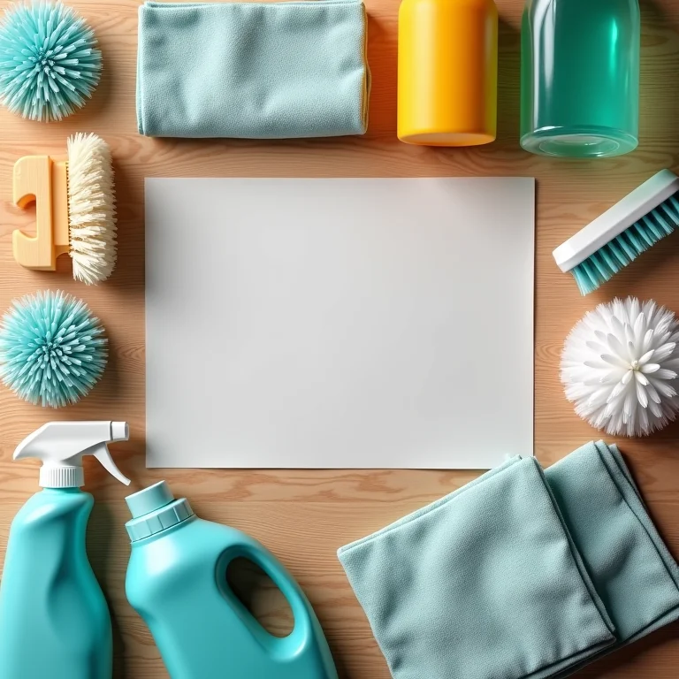 Produtos de limpeza organizados em um flat lay