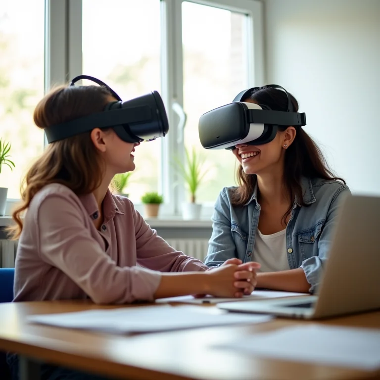 Professora latina auxiliando aluno com realidade virtual.