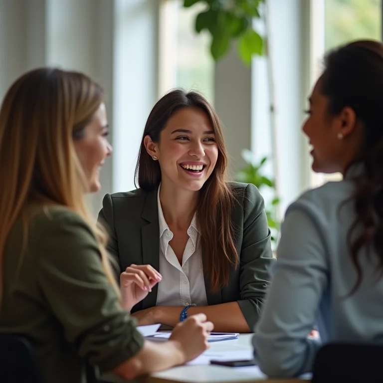 Professora mid-size sorrindo com colegas.