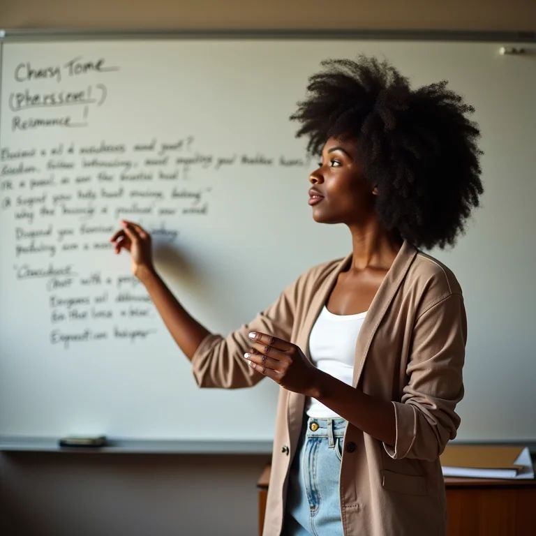 Professora negra explicando conceitos em sala de aula