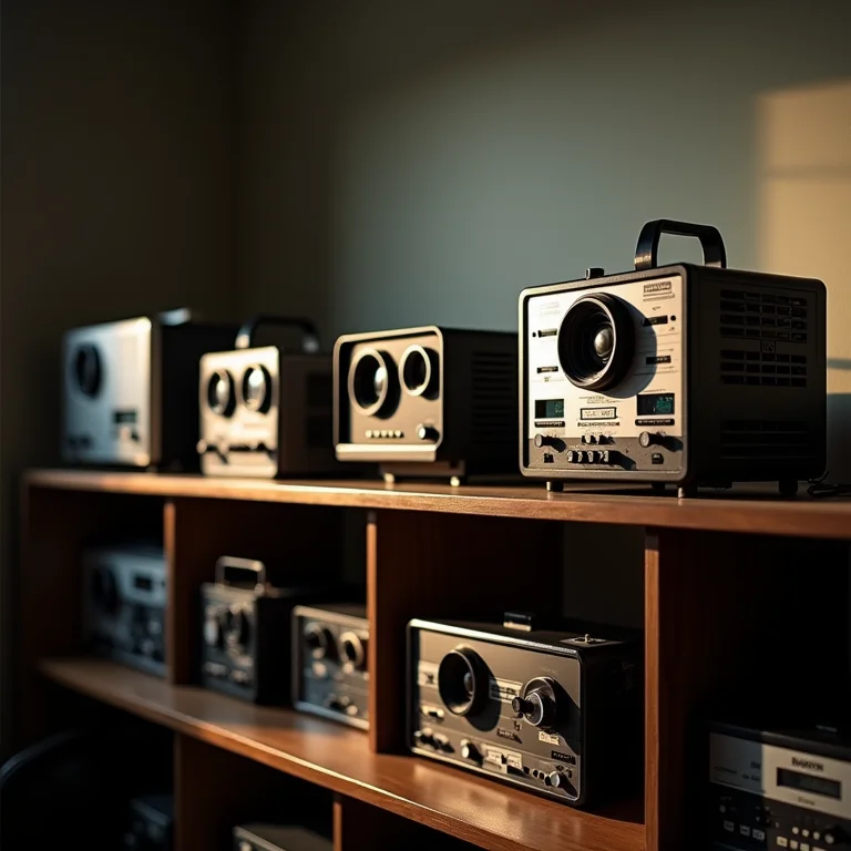 Projetores antigos em uma prateleira