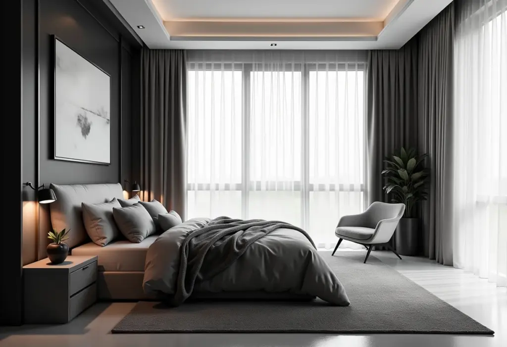 Quarto em preto e branco com design minimalista e luz natural