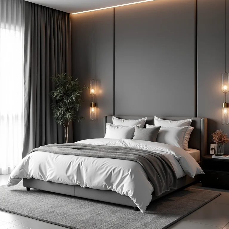 Quarto preto e branco com contraste suave e equilibrado