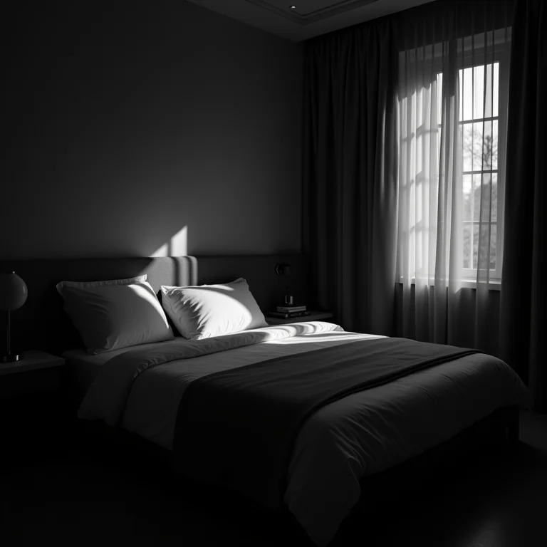 Quarto preto e branco com iluminação inadequada