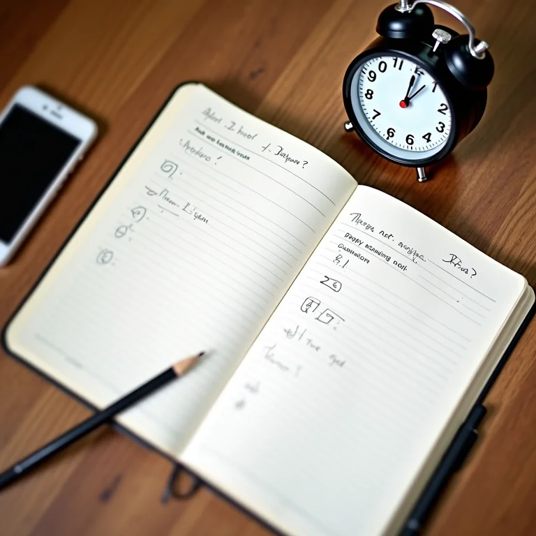 Questões resolvidas, cronômetro, caderno e lápis sobre mesa de madeira