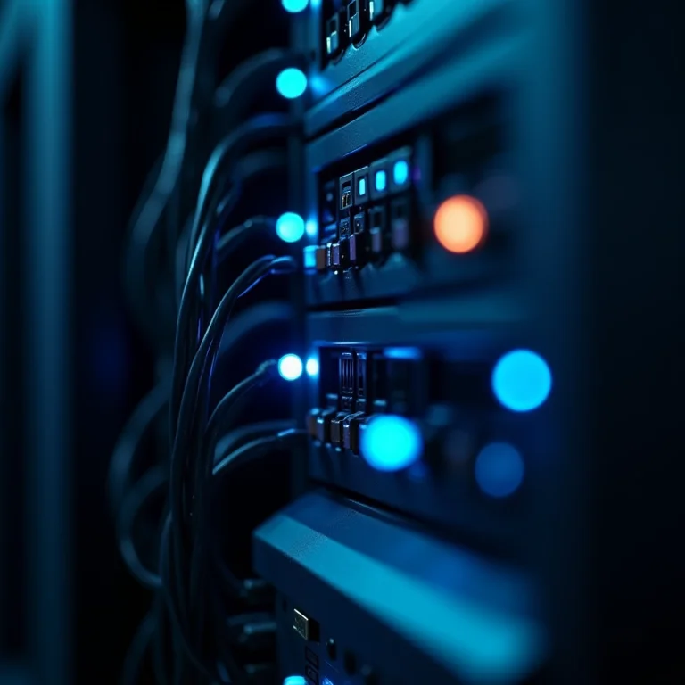Rack de servidores com luzes piscando e cabos emaranhados.