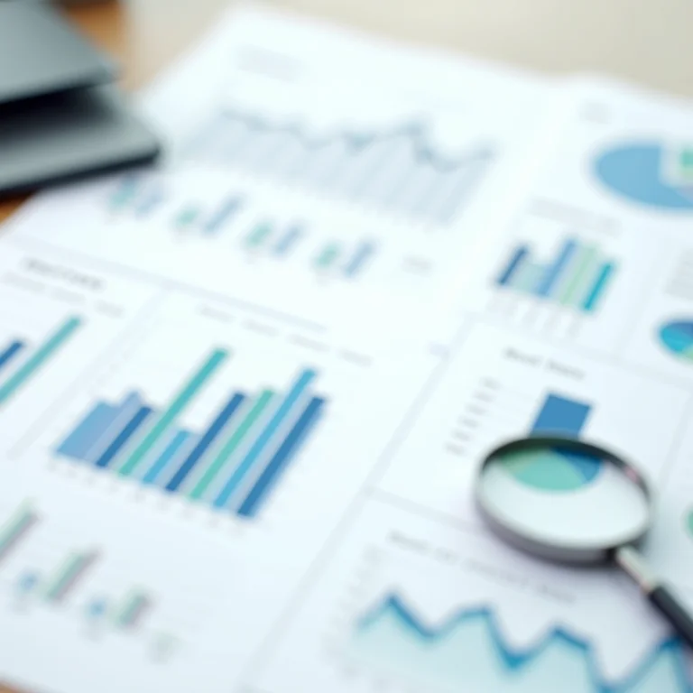 Relatórios financeiros e lupa dispostos em mesa