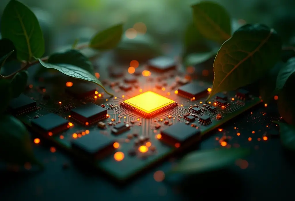 Representação visual da fusão entre tecnologia quântica e natureza, simbolizando o futuro da segurança digital.