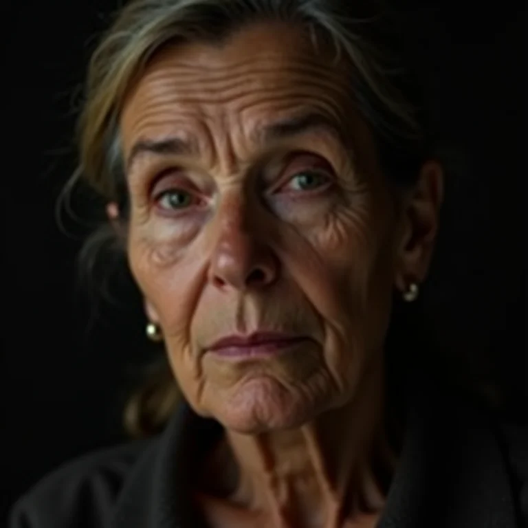 Retrato íntimo de uma mulher com rugas e expressão séria