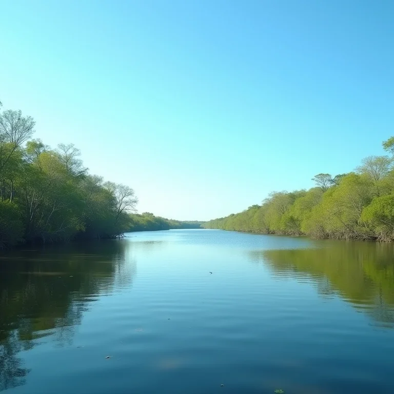 Rio cristalino no Pantanal com aves ao fundo
