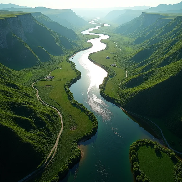 Rio serpenteando por vale verde