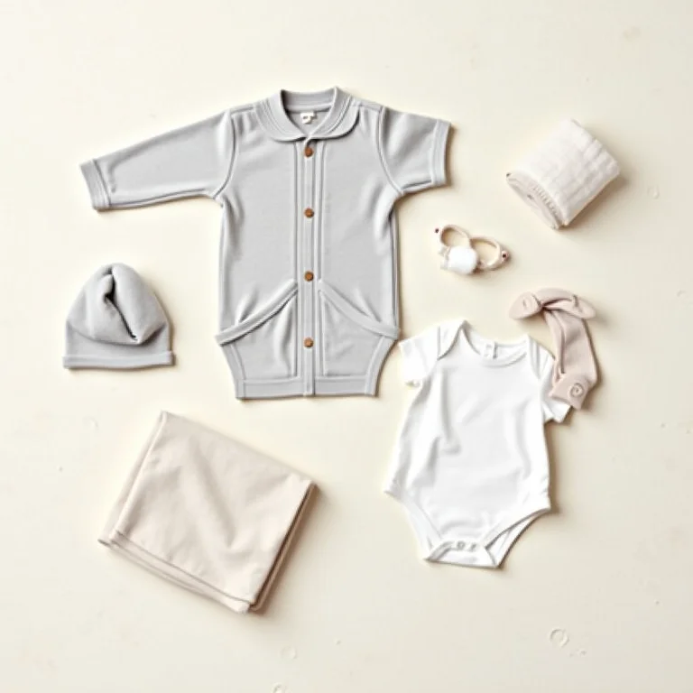 Roupas de bebê em cores neutras e estampas discretas.