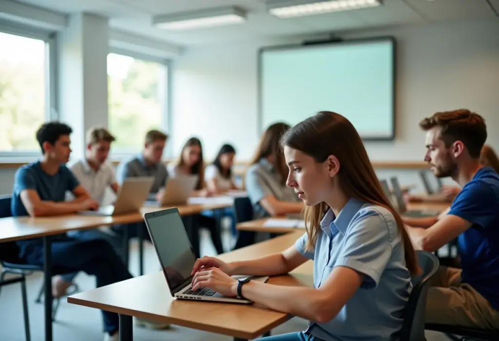 Sala de aula moderna com estudantes utilizando tecnologia.
