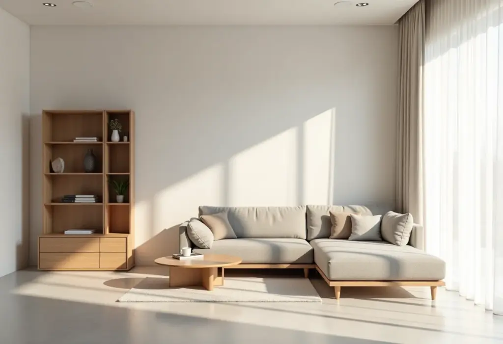 Sala de estar minimalista com móveis multifuncionais.