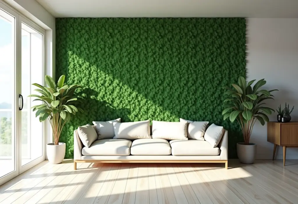 Parede verde na sala: o toque de natureza que sua casa pedia Sala de estar moderna com parede verde exuberante