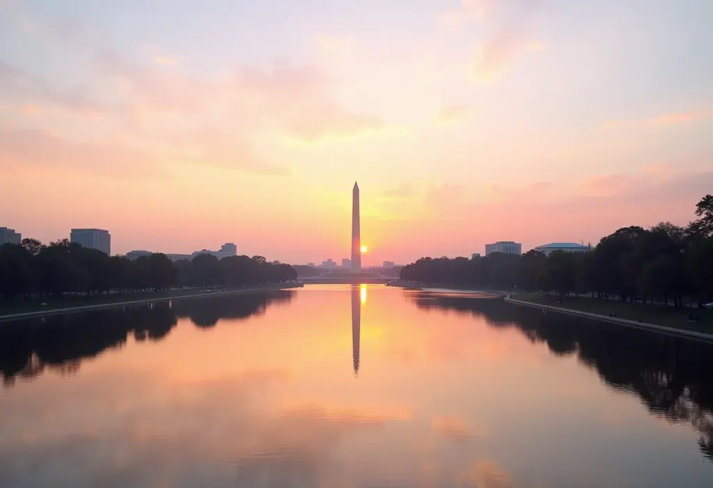 Skyline de Washington D.C. ao pôr do sol refletida no Rio Potomac
