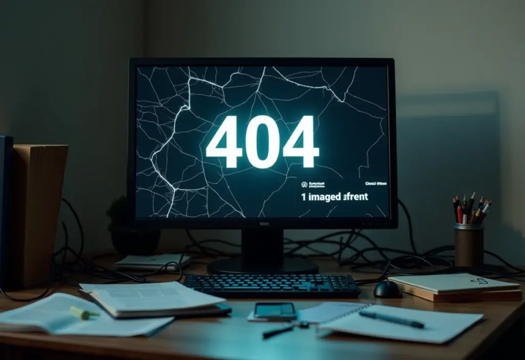 Tela de computador exibindo erro 404 com cabos emaranhados ao redor.