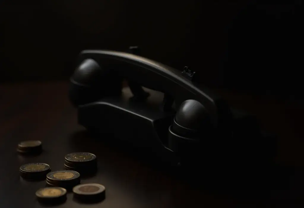 Telefone antigo com moedas de euro ao redor