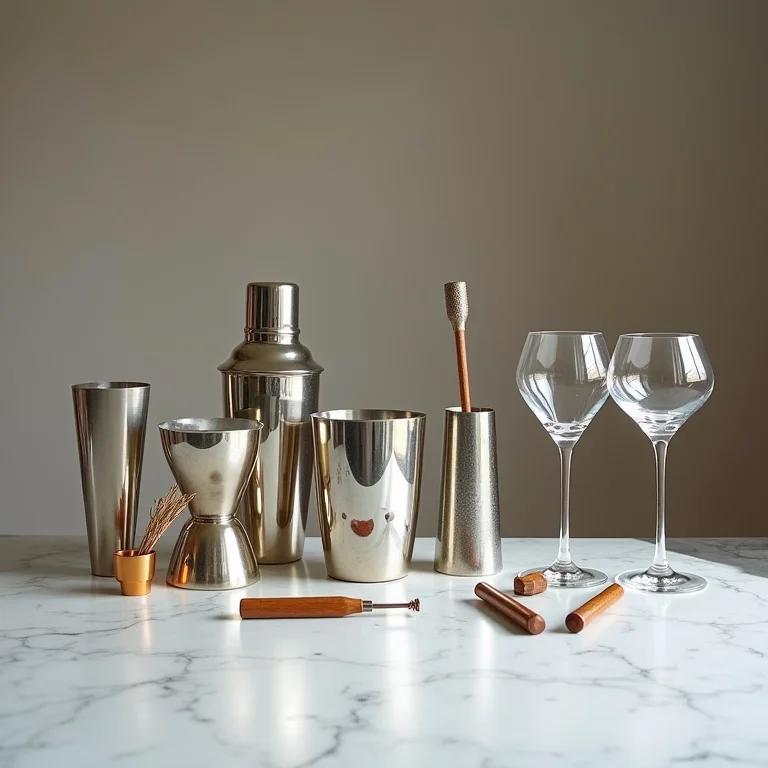 Utensílios de bar organizados em um balcão.