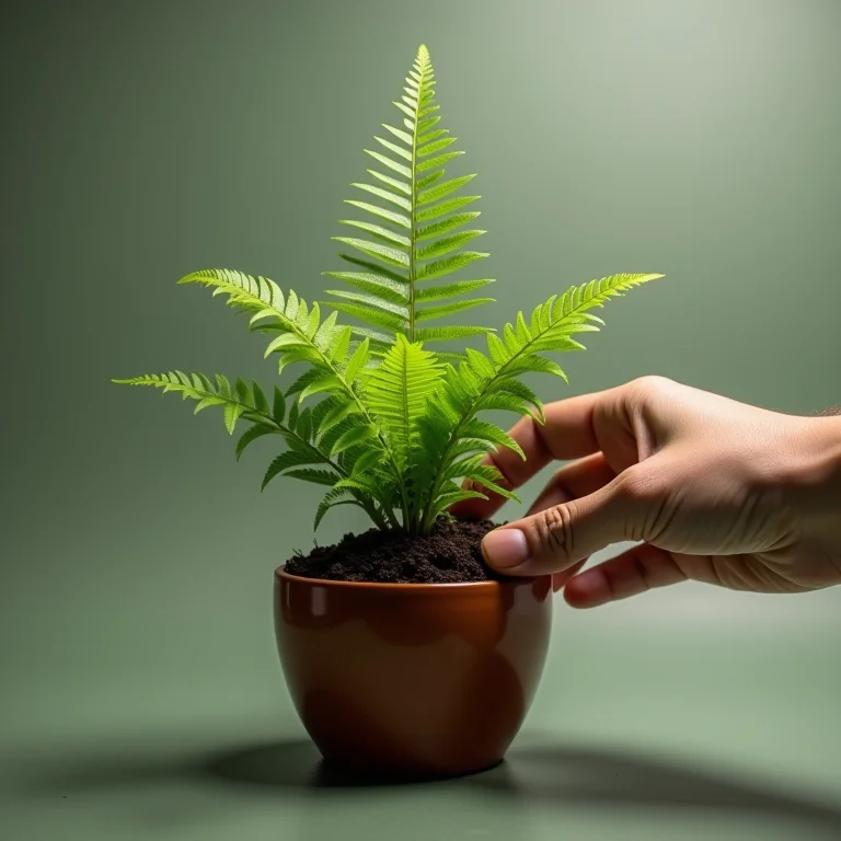 Verificando a umidade do solo da samambaia.