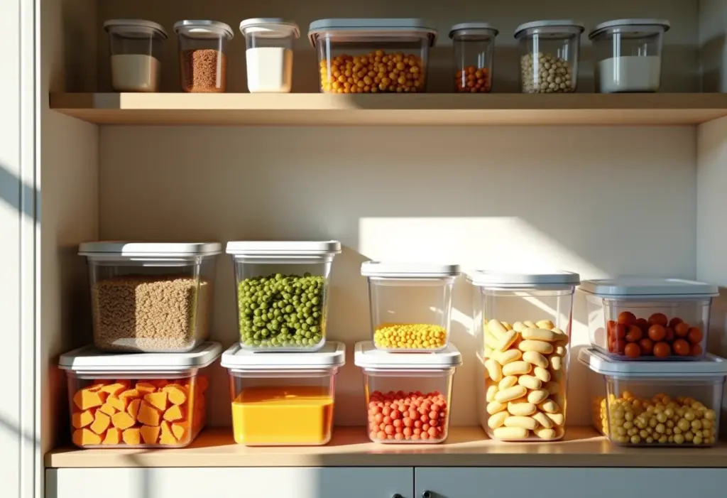 Visão geral de uma despensa organizada com diversos alimentos.