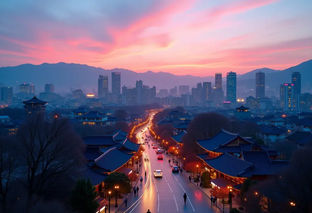 Vista deslumbrante de Seul ao entardecer, combinando o moderno e o tradicional.