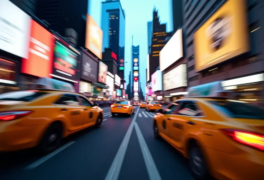 Vista noturna da Times Square em Nova York com luzes vibrantes e táxis amarelos.
