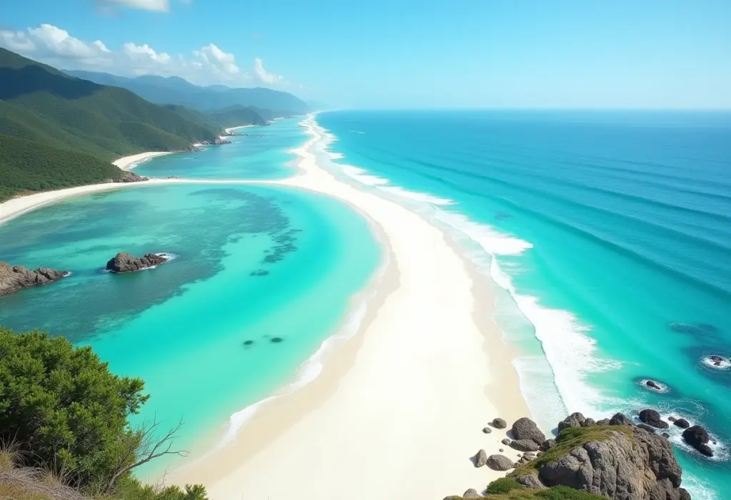 Vista panorâmica de uma praia paradisíaca no Nordeste brasileiro.