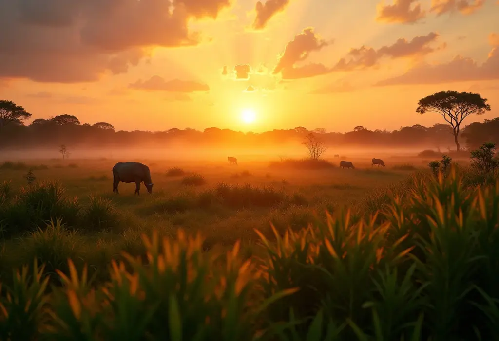 Vista panorâmica do Sesc Pantanal ao entardecer