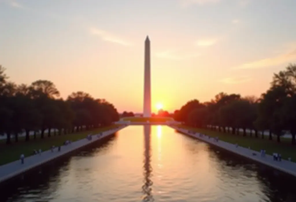 Washington: roteiro de turismo completo para aproveitar ao máximo Vista panorâmica dos monumentos de Washington D.C. ao pôr do sol