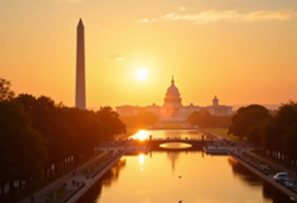 Vista panorâmica dos principais monumentos de Washington D.C. ao pôr do sol