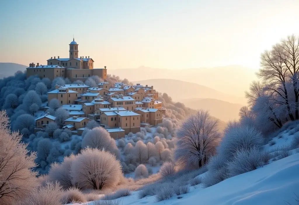 Vista pitoresca de uma cidade espanhola no inverno.