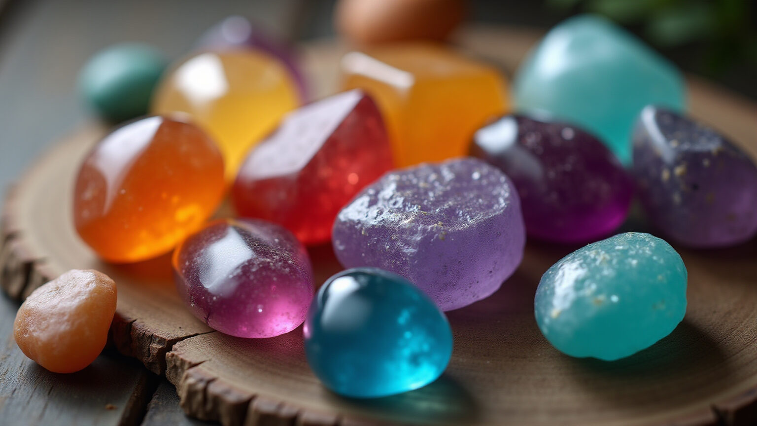 Pedras e Cristais: O segredo para atrair boas energias à sua casa Variedade colorida de pedras e cristais em mesa rústica.