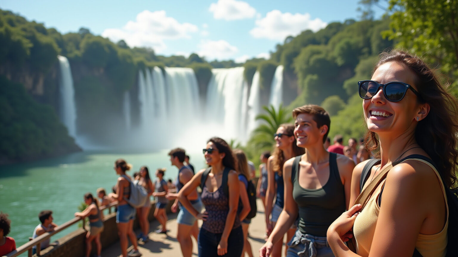 Foz do Iguaçu: Pacotes de passeios que cabem no seu bolso! Turistas felizes explorando as Cataratas do Iguaçu.