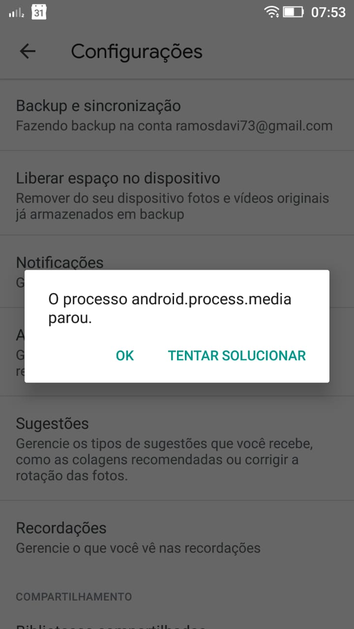 erro o android parou