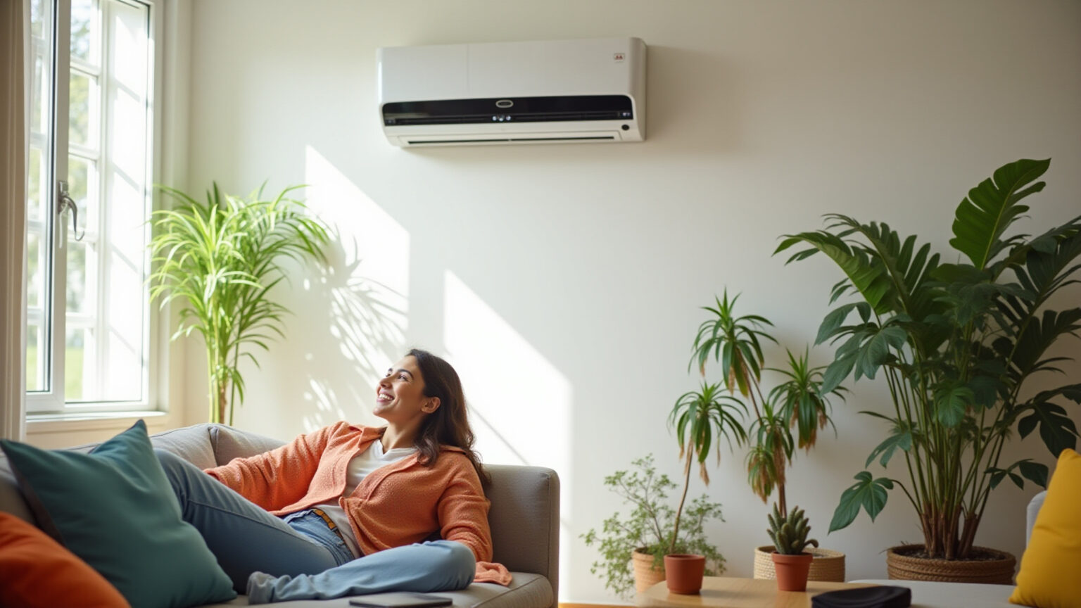 Sala de estar climatizada com ar condicionado moderno e decoração vibrante.