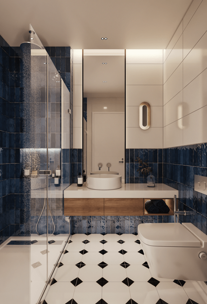 banheiro azul e branco